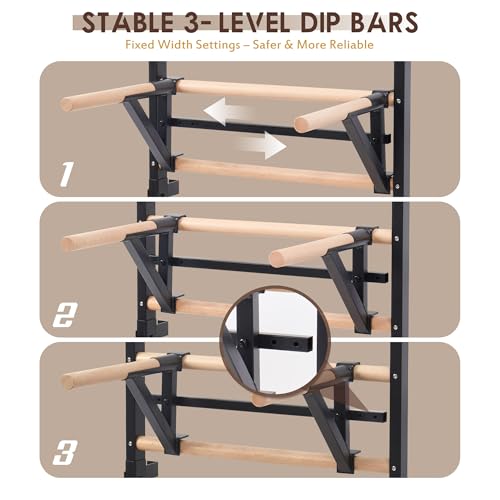Morohope Solid Beechwood Stall Bar, 90" Swedish Ladder Wall Gym with Pull-up Bar & Dip Station, 220lbs Capacity Wall Mounted Gymnastics Ladder for Adult Home Gym, Stretching & Bodyweight Training