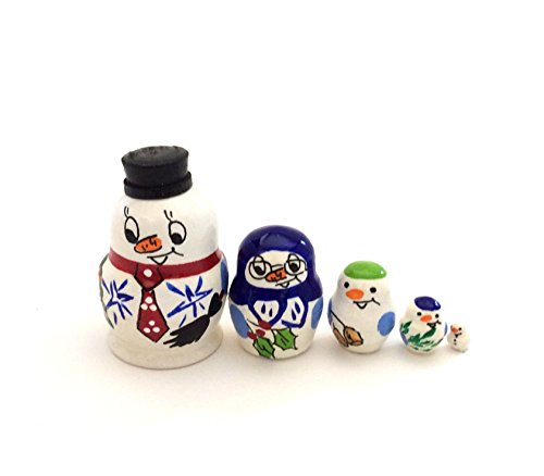 SNOWMAN MINI Russian Nesting Doll Hand Carved Hand Painted 5 piece DOLL Set