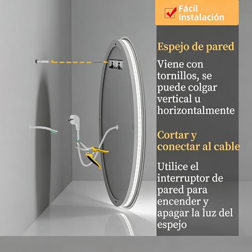 Espejo de baño circular de 80 cm con iluminación LED,función inteligente antivaho, 3 ajustes de temperatura de color ajustables, funcionamiento con control táctil,adecuado para baños y dormitorios