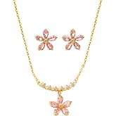 Pink CZ Flower Necklace Earrings Set for Women Gold-Tone Elegant Sparkling Crystal Imitation Pearl Floral Studs Adjustable Chain Ckoker Necklaces Prom Party Bride Wedding Party Jewelry for Her