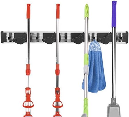Freye Adjustable Commercia Aluminum Heavy Duty Broom Holder-Metal Mop Rack, Kitchen and Garage Organizer Rack, Enough Hooks for Family, Solid Wall Mounted (02)