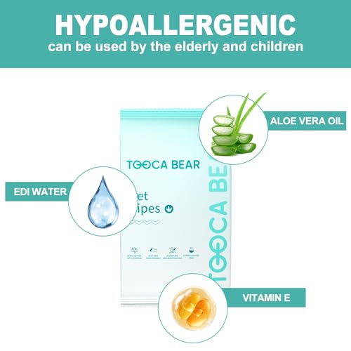 TOOCA BEAR ON-THE-GO LARGE BODY WET WIPES TRAVEL SIZE FOR ADULTS INDIVIDUALLY WRAPPED WITH VITAMIN E AND ALOE TRAVEL ESSENTIALS SAFE FOR HANDS, MOUTH, AND BUTT (2 PACKS, 60 WIPES)