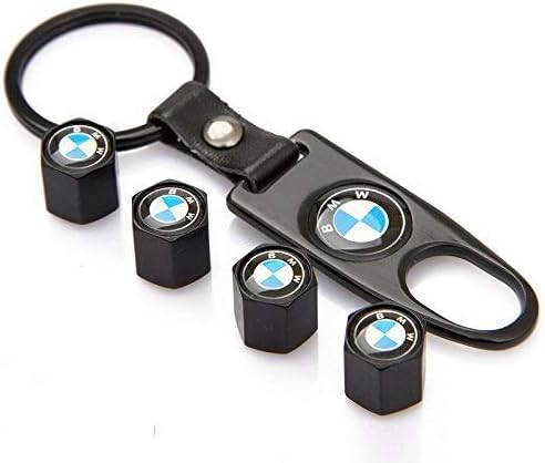 Aswelly 4 Pack Valve Stem Caps Universal Black Car Tire Valve Stem Air Caps Cover + Keychain for BMW
