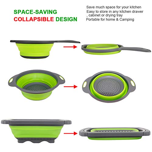 Huanlemai 3-Packs Green Silicone Kitchen Collapsible Colander Set - 6-Quart Square Over The Sink Colander + 4qt Round Veggies/Fruit Basket Strainers and Colanders +2qt Pasta Strainer With Handle