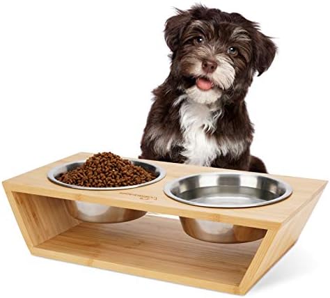 Wantryapet Elevated Dog Cat Dog Feeder with 2 Stainless Steel Bowls, Bamboo Raised Stand Pet Feeder Perfect for Small Dogs & Cats