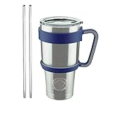 Livin' Well 30oz Tumbler Rambler Insulated Travel Cup Mug | Gift Set - Sliding Lid, Handle, 2 Metal Straws | Double Wall Vacuum Stainless Steel | 24 Hours Ice Retention | Makes a Great Gift (BLUE)