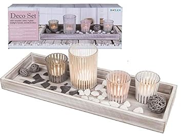 MC Trend Deko Set mit Holz Tablett inklusive 4 Glas Teelichthalter Steinen und Dekomaterial Geschenkidee Mama Oma zu Hause