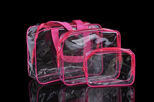 MoDu Pack of 3 Sizes Transparent Waterproof PVC Make Up Bags for Traveling Vacation Toiletry & Storage (Pink)