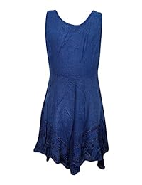 Mogul Womens Summer Dress Blue Embroidered Gypsy Criss Cross Laces Beach Dresses