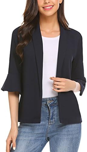 Gfones Women's Casual Open Front Work Office Jacket Ruffles 3/4 Sleeves Blazer