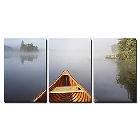 3 Piece Canvas Wall Art - Bow of a Cedar Canoe on a Tranquil Lake - Ontario, Canada - Modern Home Art Stretched and Framed Ready to Hang - 16"x24"x3 Panels