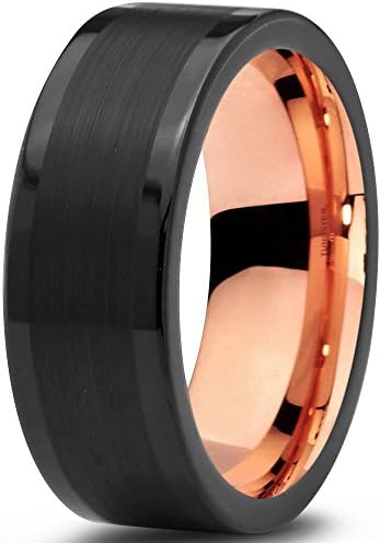 Tungsten Wedding Band Ring 8mm for Men Women 18k Rose Gold Plated Flat Cut Black Grey Brushed Polished