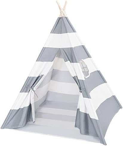 Indoor Outdoor Grey Striped Canvas Indian Kids Teepee Playhouse with Window and Bottom
