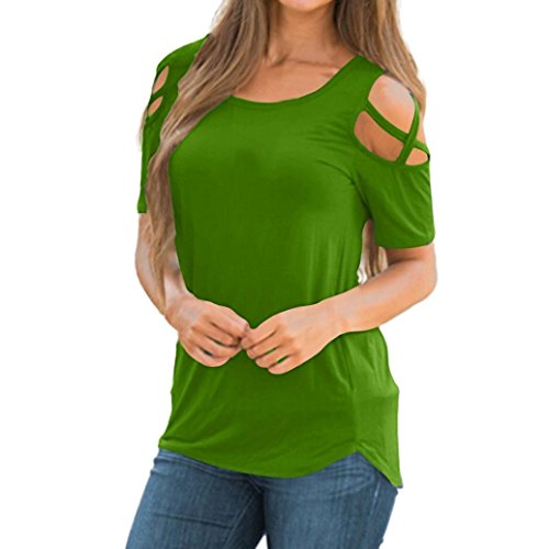 Quartly Women Fashion Strappy Cold Shoulder Tees Shirt Stripe Baggy Tops Loose Summer T-Shirt Pullover Casual Blouse (XL, Green)