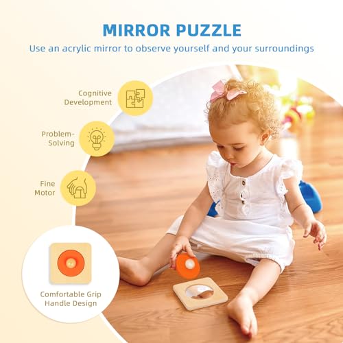 OOOK MONTESSORI TOYS FOR 1 YEAR OLD, 5 IN 1 LEARNING EDUCATIONAL WOODEN TOYS SET (INCLUDES PUSH BALLS SET, SHAPE SORTER, MIRROR PUZZLE, CLOTH TOY BOX AND MORE)