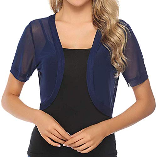 Summer Womens Tops Semi Sheer Short Sleeve Corp T-Shirt Chiffon Solid Basic Shrug Open Front Bolero Cardigan Tops Navy