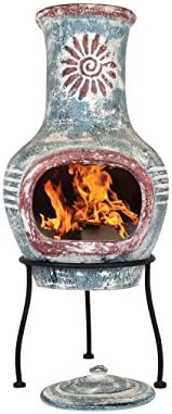 La Hacienda Swirl Clay Chimenea - Handmade Patio Heater - Sea Blue & Red