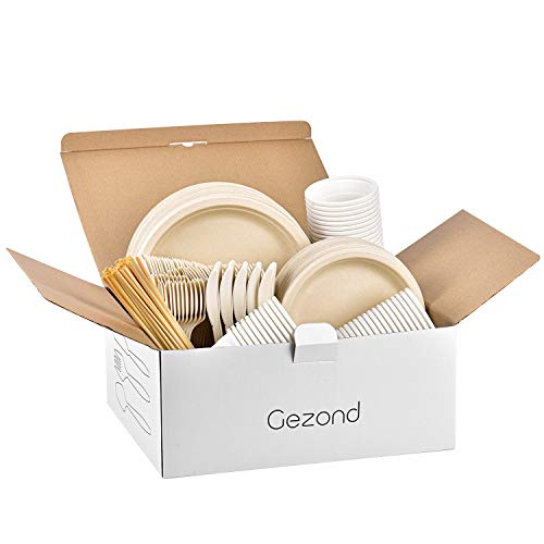 Gezond 350Pcs Disposable Dinnerware Set, Eco-friendly Dinnerware Includes Compostable Biodegradable Plates, Forks, Knives, Spoons, Cups and Straws for 50 Guest Party, Birthday, Picnic - Thumbnail 6