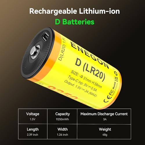 ENEGON 4Pack Rechargeable Lithium D Battery 1.5V 9250mWh, 4 High Capacity D Batteries with Type-C Charging Cable, Low Self-Discharge, fits for R20 /LR20.
