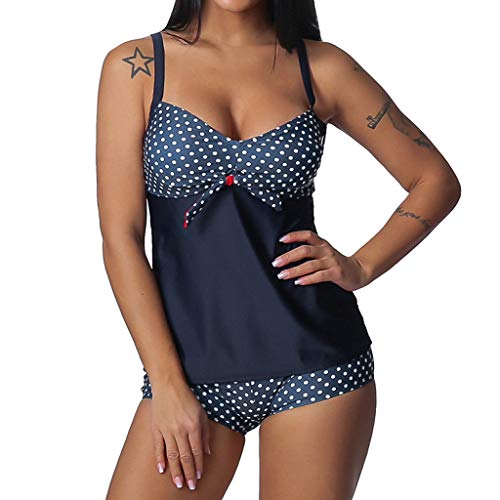 Women Tankini Tank Swimwear - Plus Size Strap Push Up Padded Bra Swimsuit - Vintga Dot Knot Front Boyshorts Beachwear (XL, Dark Blue)