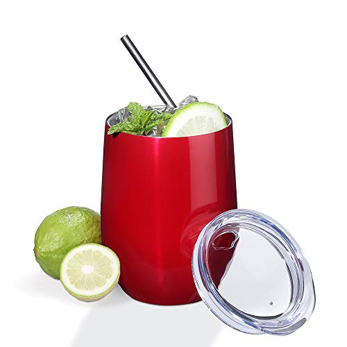 2 Pack 12 oz Wine Tumbler with Lids, Double Wall Vacuum Insulated Stainless Steel Stemless Wine Glass, Travel Coffee Mug Cup for Wine, Drinks, Champagne, Cocktails (Include Straws & Brush) (Red) - Thumbnail 4