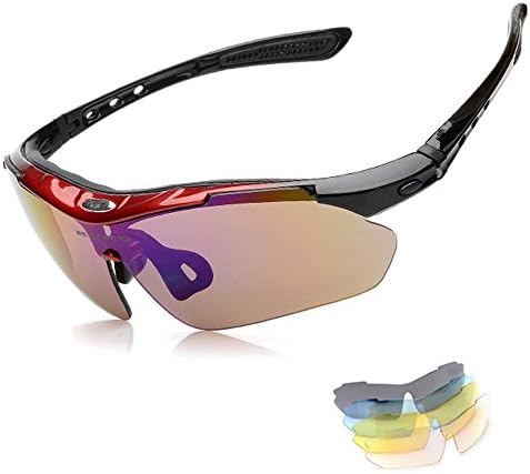New Polarized Sports Sunglasses for Men Women Cycling Running Driving Fishing Golf Baseball with 5 Interchangeable Lenses, TR90 Superlight Frame (Red, 5 colors)