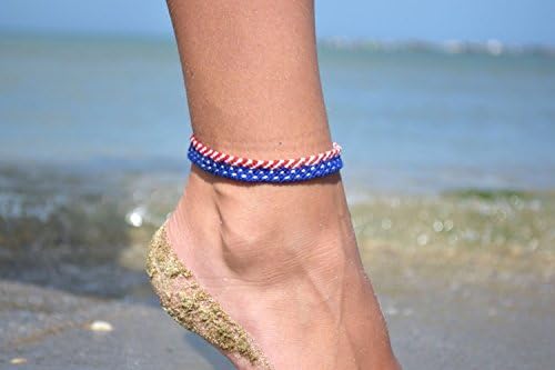 Patriotic anklet 4th of July jewelry American usa flag Memorial Day fiber woven macrame foot jewelry Unisex jewelry Girlfriend gift Cotton wrap handmade foot bracelet Independence Day Friendship leg