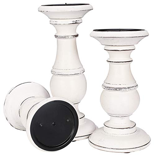 Hand Crafted Wooden Candle Holder Stand, Candalbras, Candle Holders, Unity Candle Holder, Rounded turned Colums, Country style Idle gift for Wedding, Party, Home, Spa - 10,8,6 Inch set of 3 - White