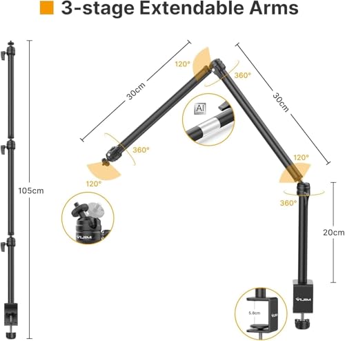 VIJIM LS08 Overhead Camera Desk Mount Stand, Flexible Webcam Stand Microphone Boom Arm, 360° Rotation Tabletop Aluminum C-Clamp, Standard ¼ ⅜ ⅝ Screw for DSLR Camera, Microphone & Webcam