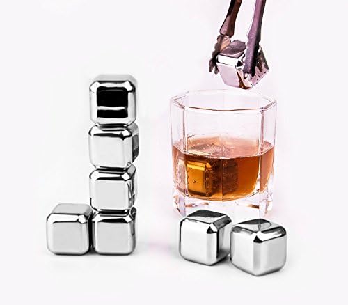 Whiskey Stones - Wecookez Set of 8 with Plastic Storage Box Tongs, Stainless Steel Reusable Wine Ice Cubes, Whiskey Chilling Rocks and Whisky Stones