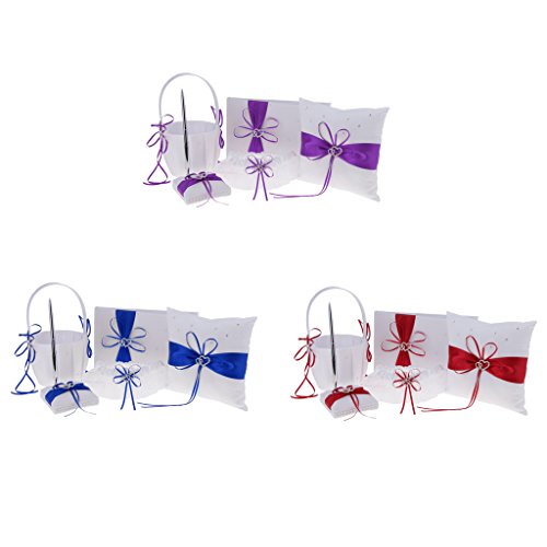 SunniMix Pieces of 5 Wedding Set Guest Book and Pen Stand Flower Girl Basket Ring Cushion Ring Holder Ring Bearer Garter Keepsake Memorial - Purple, as described
