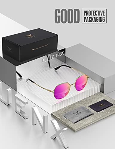 LUENX Women Sunglasses Polygon Square Polarized Round - Gold Frame and Temple Mirrored Driving uv 400 Protection with case 58 MM(Rose Red)