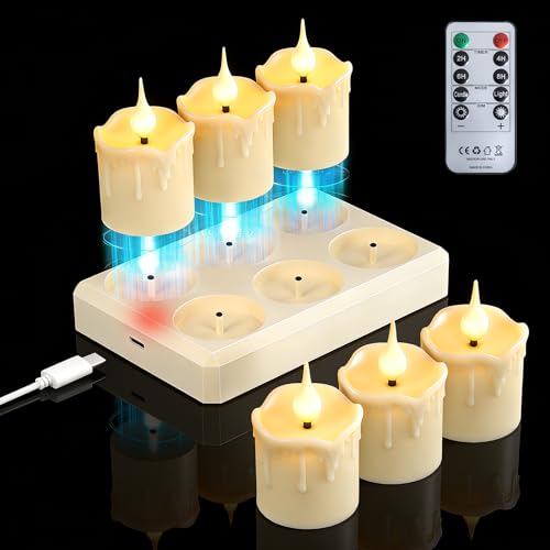 LED Tea Lights, 200H LED Candles, Rechargeable with Remote Control, Charging Station, Timer, Flickering Flame, Warm White, Dimmable Candle Warmer Lamp, Tea Lights for Party, Room, Living Room