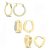 Gorgeouser Small Gold Hoop Earrings,8MM CZ Oval Earrings 9MM Heart Shape Earrings and 15MM Clasp Earrings Set for Women Men