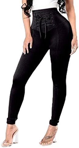 ChongXiao Women Stretch Pants High Waist Slim Fit Sexy Leggings with Sash (Black, X-Large)