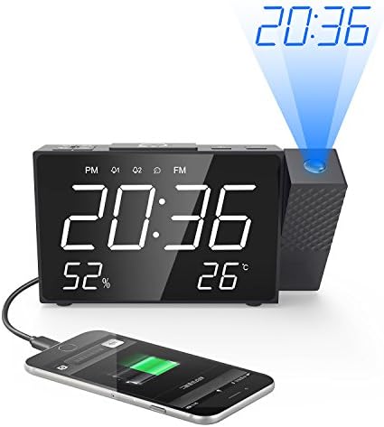 Projection Alarm Clock, Digital FM Radio Alarm Clock, 6.3-inch Large LED Dimmable Screen with USB Charging Port with Snooze Feature,Timer and Dual Alarms for Home Office Outdoor