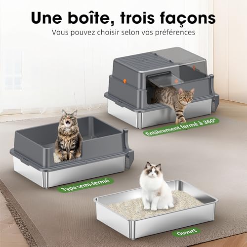 Stainless Steel Litter Tray XXXL – Large Open Cat Litter Tray, Dark Grey | Leak-proof high edges, semi-transparent panels, removable deep bowl, non-stick surface, easy to clean