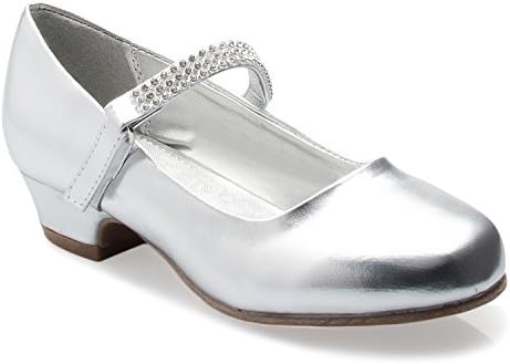 OLIVIA K Girls Kitten Heels Mary Jane Shoes - Round Toe With Rhinestone Strap- Easy On Off Velcro Enclosure