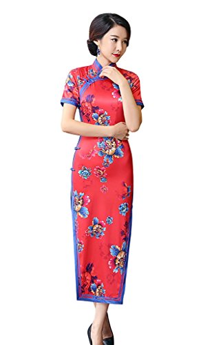ACVIP Women Flower Printed Satin Short Sleeve Evening Chinese Long Dress