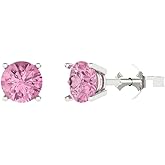 14K White Gold Plated 925 Sterling Silver Push Back Dainty Stud Earrings for Women - 1 cttw Round Cut Simulated Pink Diamond