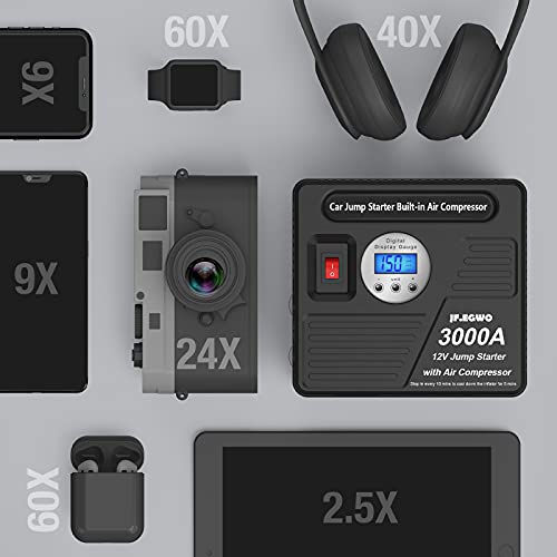 JF.EGWO 3000Amp Car Jump Starter with Air Compressor, 150PSI Tire