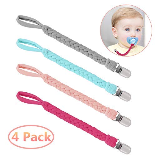 Pacifier Clips,Benewell Teething Ring Holders for Boys and Girls, Universal Flexible Holder Leash for Pacifiers, Baby Teething Toy, Soothie By Hand-Made Braided(4-Pack)