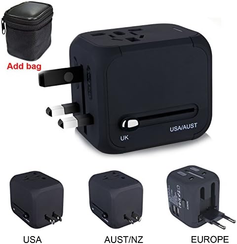 Travel Power Adapter, All-in-one International Adapter with 4 Outlets and 2.4A Dual USB Charger and Built-in Spare Fuse, Worldwide AC Wall Outlet Plugs Charger for EU, UK, US, AU & Asia (Black)