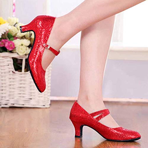 Womens Glitter Sequins Dance Shoes Buckle Strap Mid-High Heels Shoes Ballroom Latin Tango Rumba Performance Shoes (US:8, Red) - Thumbnail 2