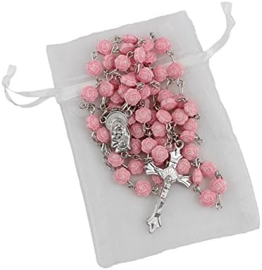 Bundle: 7mm Pink Rose Shaped Bead Rosary with Organza Storage Bag