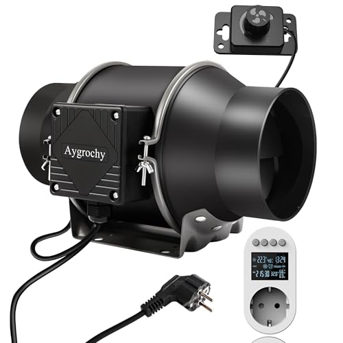 Aygrochy Extractor Fan 150 mm, Extractor Fan 683 m³/h, with Power Outlet with Timer, Delay and Temperature and Humidity Sensor, for Growing Tents, Ventilation | Extraction fan (688m³/h) Suitable for grow tents and hydroponic ventilation systems