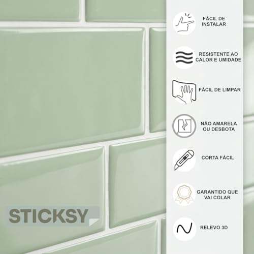 Placa Pastilha Adesiva Resinada 3D Sticksy Revestimento Decorativo Impermeável para Cozinha Banheiro (Verde Subway - 30,5 x 26 Cm)