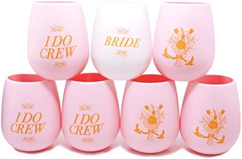 Bachelorette Party I DO CREW 7 Pack, Bridal Shower, Wedding Favor Silicone Wine Cups | 6 Pink, 1 White BRIDE | Stemless | Decorations, Party Supplies (Pink)