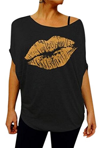 Smile fish Women Casual Oversized Sexy Lips Print Off Shoulder T-Shirt(Black-Yellow Lip,XL)