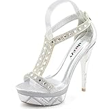 SHOEZY Women's High Heel Sandals T-strap Platform Dress Shoes Rhinestones Silver US 9